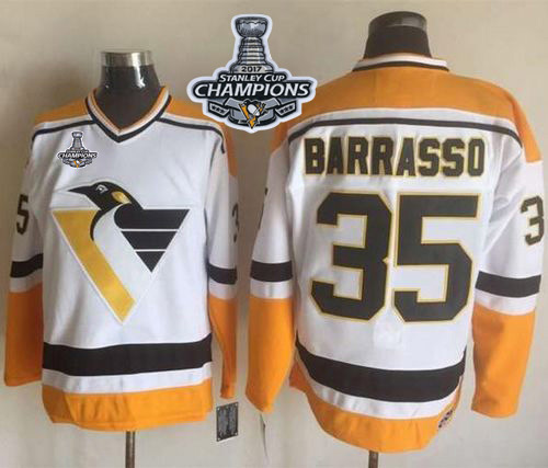 Penguins #35 Tom Barrasso White/Yellow CCM Throwback Stanley Cup Finals Champions Stitched NHL Jersey - Click Image to Close